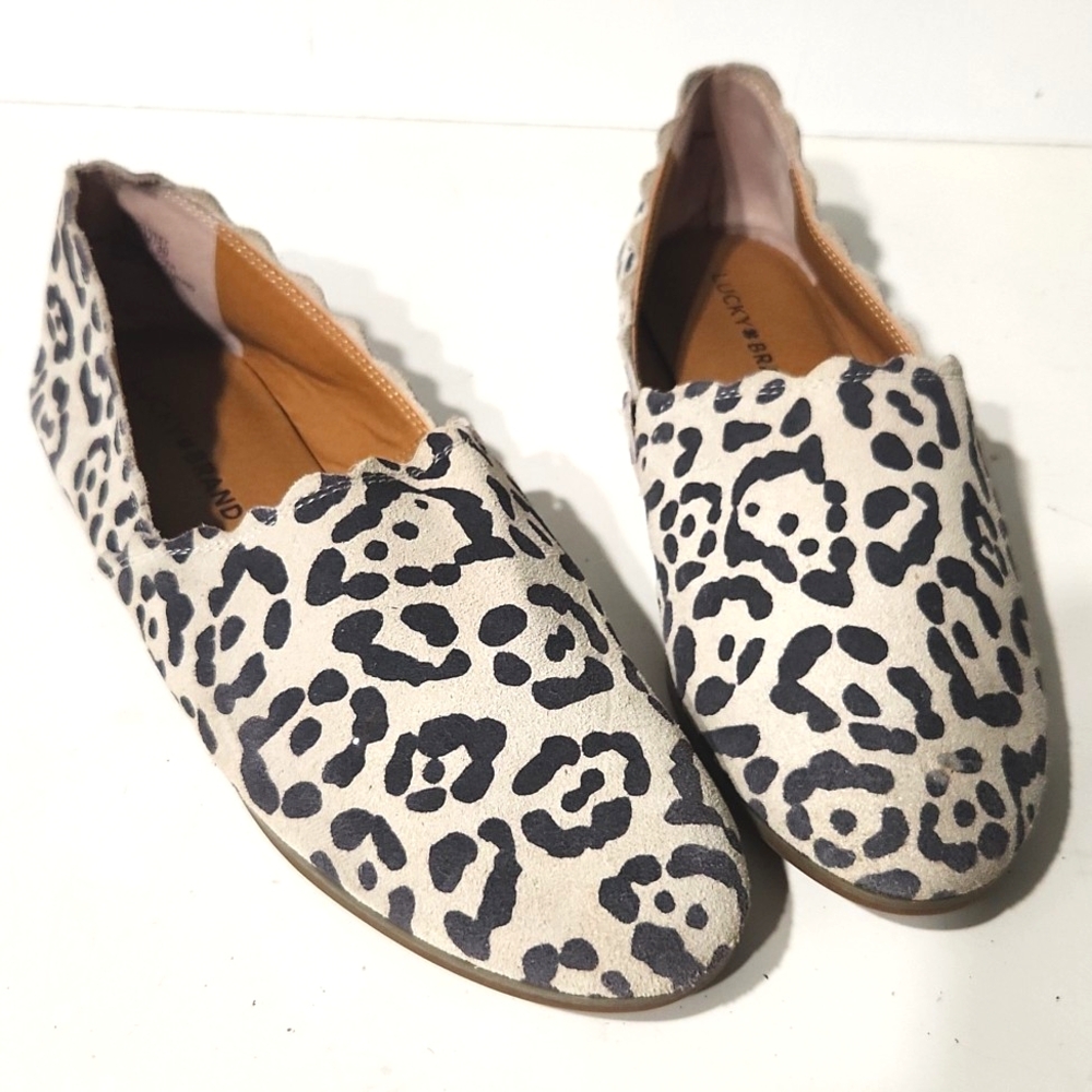 Lucky Brand Clooey Scalloped Suede Leopard Print Flat Loafers Size 8.5M